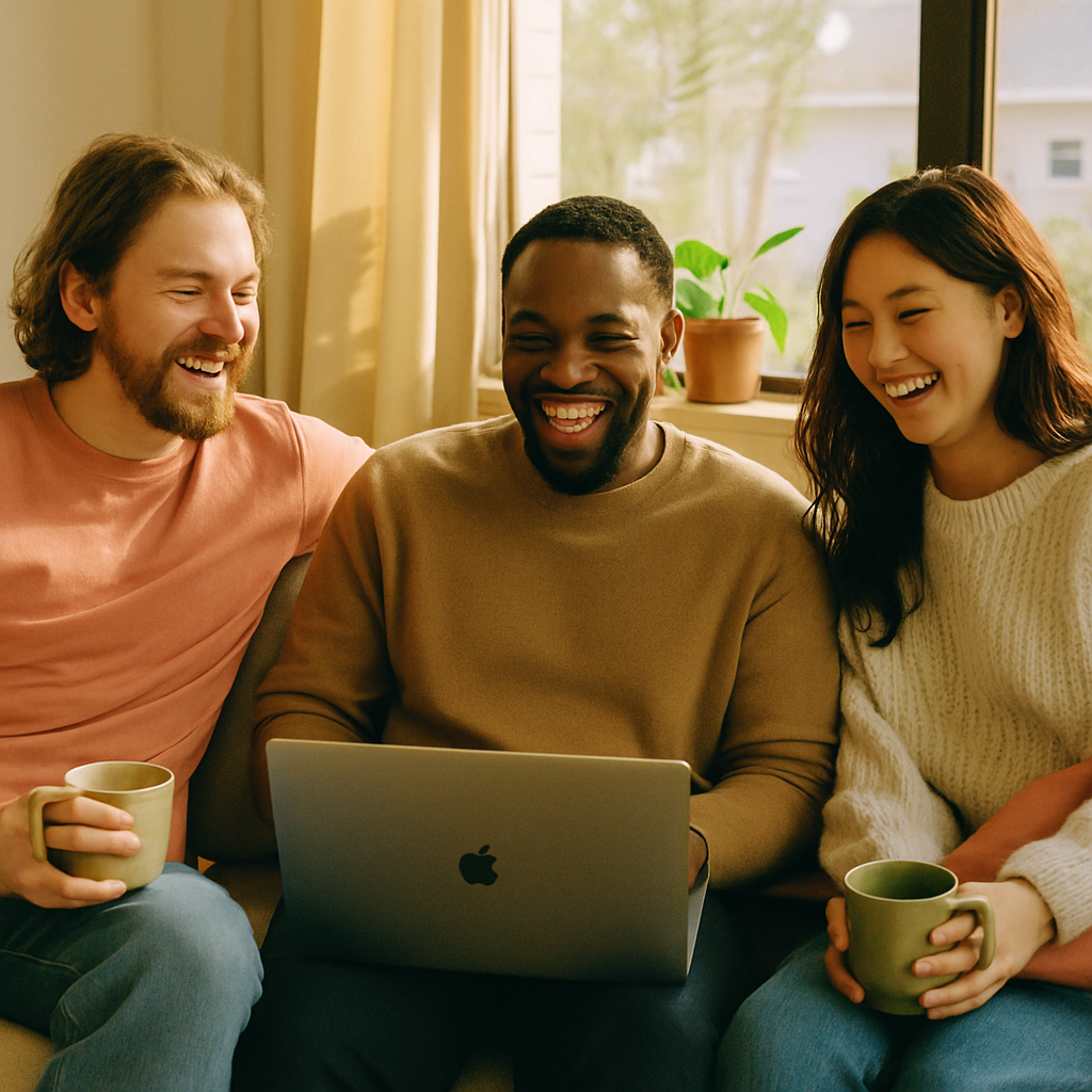 Three friends laughing together on a sunlit couch