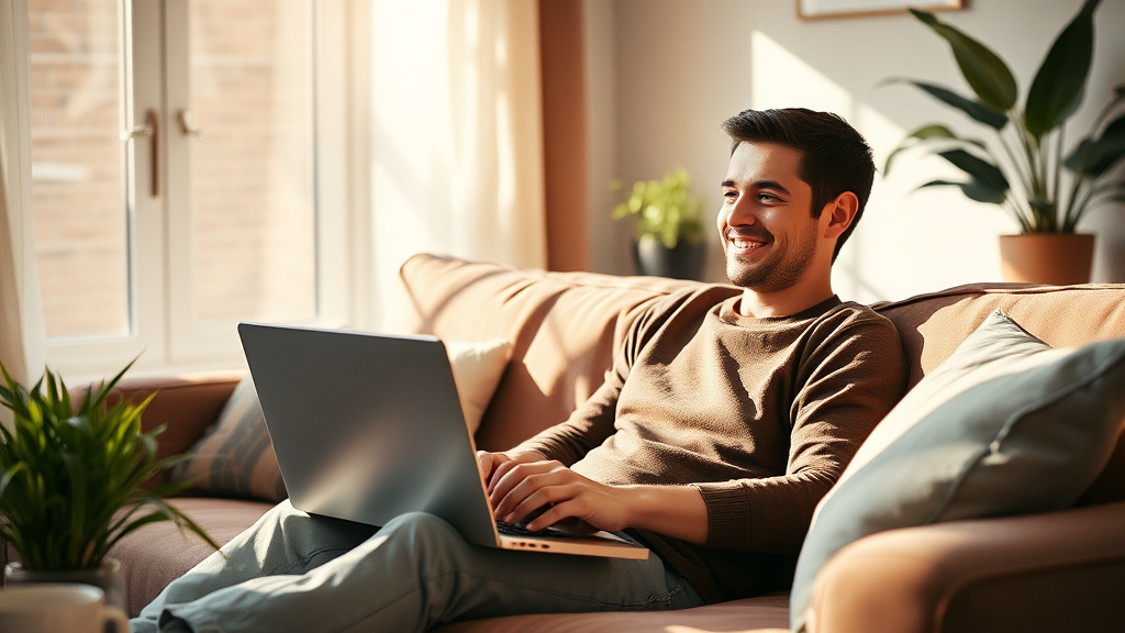 A young man smiling during a video call on a sunlit couch