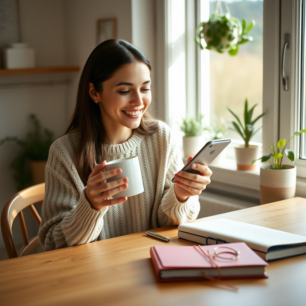 Person on phone in sunlit kitchen