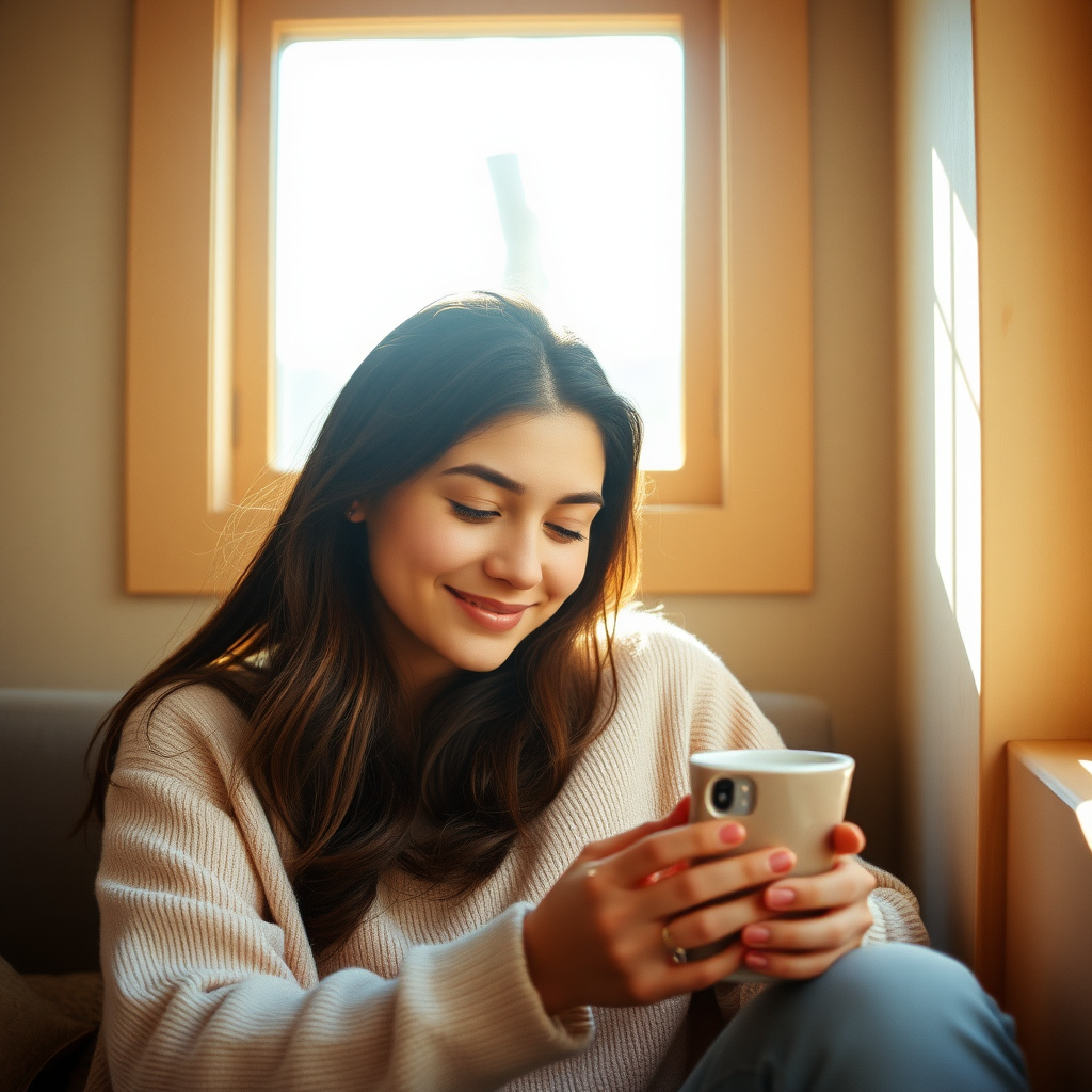 Person looking at phone with peaceful expression